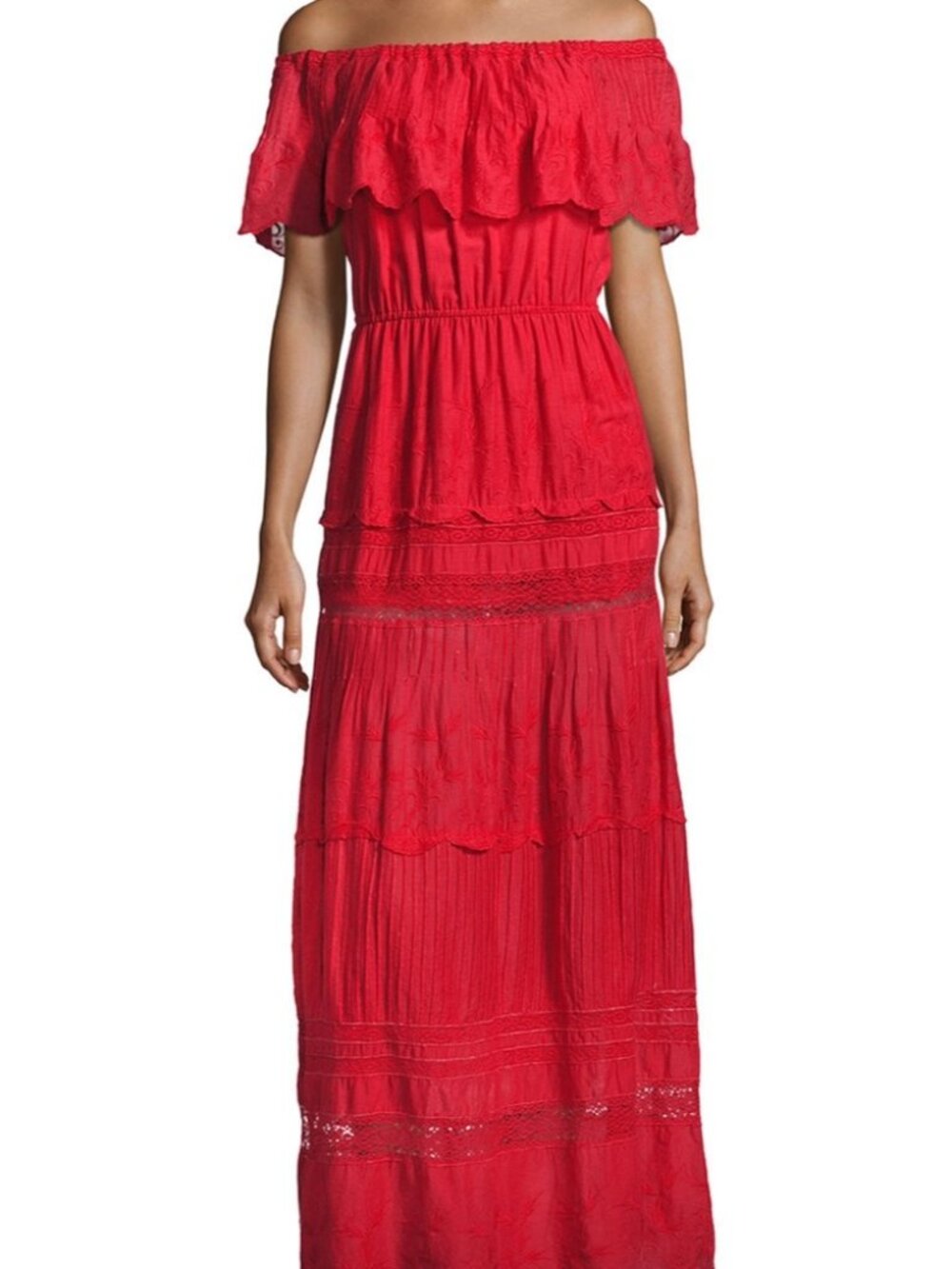 Alice + Olivia Pansy Red Embroidered Off-the-Shoulder Maxi Dress